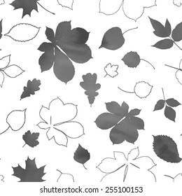 Seamless gray scale pattern with different leaves silhouettes on white background: chestnut, birch, linden, alder, oak, aspen, maple. Vector design.