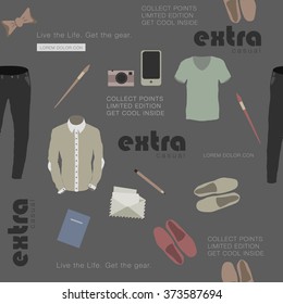 seamless gray with stylish clothes and attributes hipster