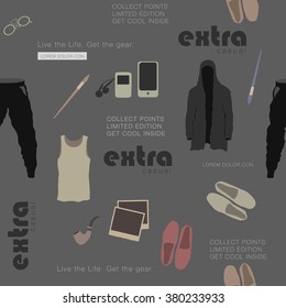 seamless gray with stylish clothes and attributes hipster