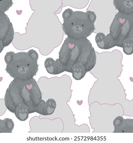 Seamless gray teddy bear pattern, pink heart, silhouette, cute universal simple repeat soft toy, cuddly, playful, child friendly, charming, love pastel, adorable textile fabric design