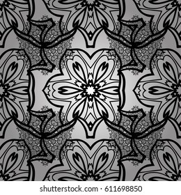 Seamless gray texture curls. Stylized flowers, paisley. Oriental style arabesques. Openwork delicate gray pattern. Vector illustration. Seamless pattern with gray elements.
