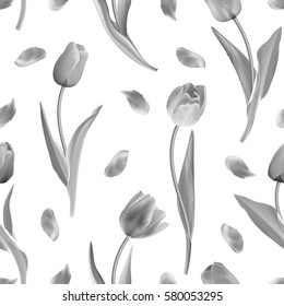 Seamless from gray tulips. Clipping Mask. Vector illustration. Not trace. Black and white background.