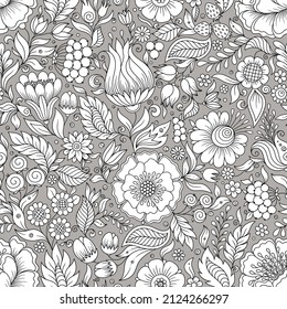 Seamless gray and white floral pattern, springsummer backdrop. Hand drawn surface design with flowers in garden. Can be used for wallpapers, pattern fills, surface textures.