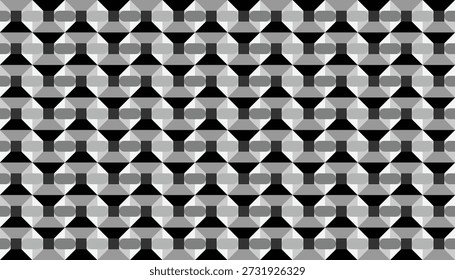 Seamless grayscale 3D geometric pattern with trapezoid and capsule motifs. Abstract monochromatic vector background with high technical depth