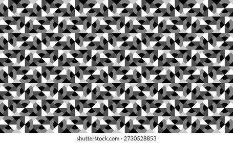 Seamless grayscale geometric pattern with pinwheel and circular motifs. Abstract monochromatic vector background with rotating grid effects