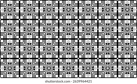 Seamless grayscale geometric vector pattern featuring layered square motifs and pixel-inspired floral accents. Perfect for modern textile design, backgrounds, wallpapers, and digital art projects