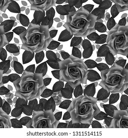 Seamless grayscale pattern with roses. Beautiful realistic flowers with leaves. Photorealixtic rose bud, clean vector high detailed result.