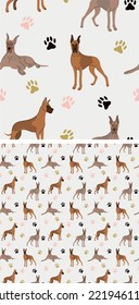 Seamless Great Dane dog pattern, holiday texture. Square format, t-shirt, poster, packaging, textile, socks, textile, fabric, decoration, wrapping paper. Trendy hand-drawn Great Dane dog wallpaper.