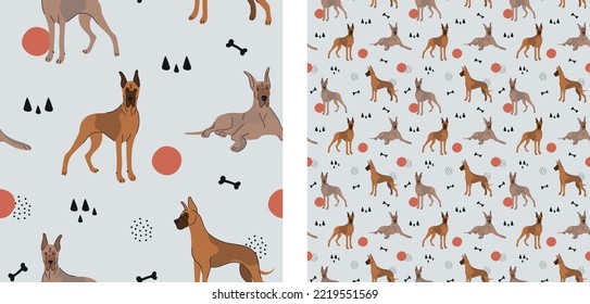 Seamless Great Dane dog pattern, holiday texture. Square format, t-shirt, poster, packaging, textile, socks, textile, fabric, decoration, wrapping paper. Trendy hand-drawn dogs wallpaper.