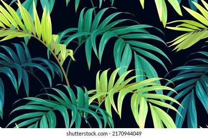 Seamless greeen hand drawn tropical vector pattern with palm leaves on dark background.