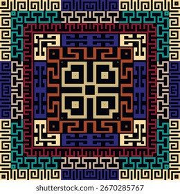 La clave griega serpentea sin fisuras en marcos cuadrados y patrones de bordes. Fondo de estilo étnico tribal antiguo ornamental de Vector. Repita el fondo colorido estampado. Diseño decorativo moderno. Textura sin fin.