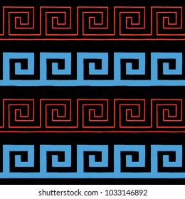 Seamless Greek pattern, background or ornament. Hand drawn ancient style, waves. Vector illustration