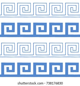 Seamless Greek pattern, background or ornament. Hand drawn ancient style, waves. Vector illustration