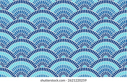 Seamless Greek pattern mosaic tile sea texture blue background Rome vector design. Classical Mediterranean marble floor decor architecture illustration. Circular wave border decor interior motif.