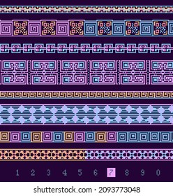 Seamless Greek patterns, isolated borders on black, meanders with qr codes. Bright colors, simple lines, nice shapes, squares, pixel art. Creative concept of1, qr code scanning, identification