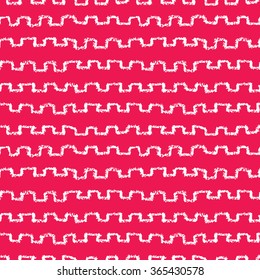 Seamless greek style pattern. Hand painted with oil pastel crayons. White stripes on red background. Design element for printables, wallpaper, baby shower invitation, birthday card, scrapbooking etc