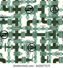 Seamless green abstract background with pipeline elements network and black handwheels.