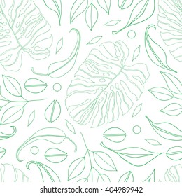 Seamless green abstract eucaliptys, philodendron. Natural simple background on white. Hand drawn leaves vector pattern.