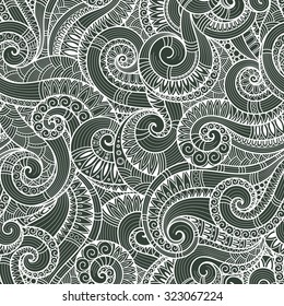 Seamless green abstract hand-drawn pattern, waves background. Doodle  Illustration Design 