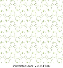 Seamless Green Apple Pattern With Minimalist Line Art on White Background