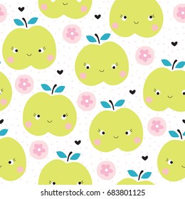 seamless green apples with flowers pattern vector illustration