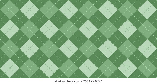 seamless green argyle pattern featuring classic diamond shapes in various shades of green. This vector artwork is perfect for textile design, backgrounds, digital papers, and seasonal fashion elements