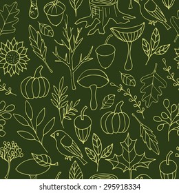 Seamless green autumn pattern. Cartoon elements. Hand drawing doodle. Vector illustration