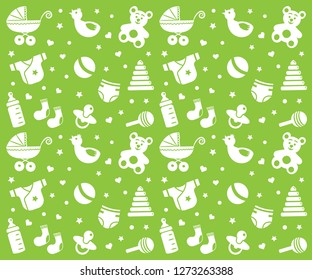 Seamless green  baby pattern with pram, baby toys, nipples, milk bottle and baby clothes