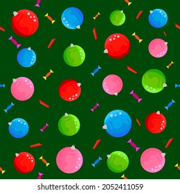 seamless green background with Christmas balls and candies for new year and Christmas