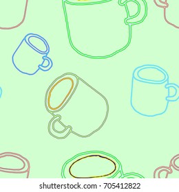 Seamless, green background and colorful cups messy vector pattern