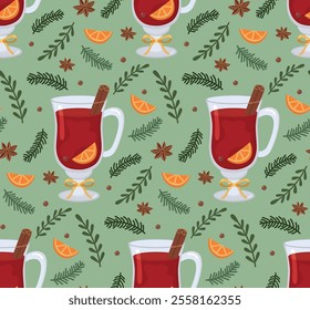 Seamless green background with cute glasses of mulled wine, fir, orange and spices. Colorful pattern with hot drink and pine branches	