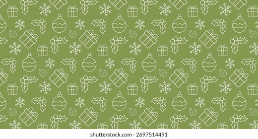 Un fondo verde sin fisuras lleno de dibujos de líneas blancas de regalos, adornos, acebo, copos de nieve y bayas. Perfecto para campañas navideñas, diseños de temporada o saludos y calendarios festivos.