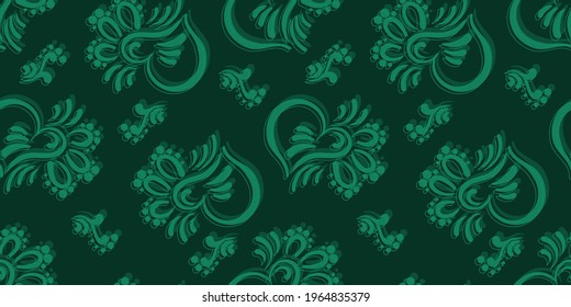 Seamless green background floral design vintage pattern with monograms for fabric and clothing, modern trending green pattern  for ornament, wallpaper, packaging, vector background