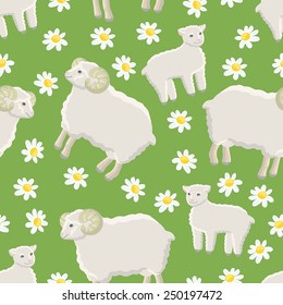 Seamless green background with funny smiley drawn white lamb, ram and daisies