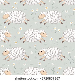 Fondo verde sin fisuras con divertidas ovejas blancas y margaritas. Diseño de fondo de vivero para impresiones, tela, textil, Fondo de pantalla, papel de embalaje. Ilustración vectorial.