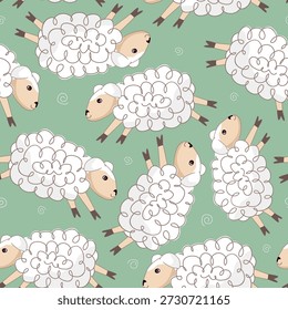 Fundo verde sem emenda com ovelhas brancas engraçadas. Projeto de fundo de viveiro para impressões, tecido, têxtil, papel de parede, papel de embrulho. Ilustração vetorial