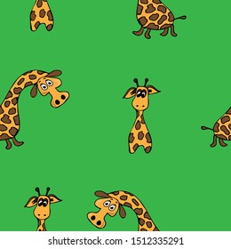 Seamless green background giraffe and giraffe cub. Cartoon, flat style hand drawn. Wild african savannah. Design for wrapping paper, fabric, wallpaper. Vector illustration.
