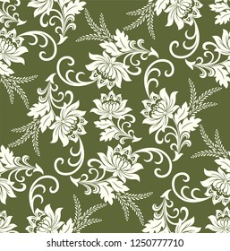 Seamless green background with light pattern in baroque style. Vector retro illustration. Ideal for printing on fabric or paper for wallpapers, textile, wrapping. 