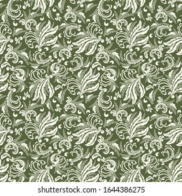 Seamless green background with light pattern in baroque style. Vector retro illustration. Ideal for printing on fabric or paper for wallpapers, textile, wrapping. 