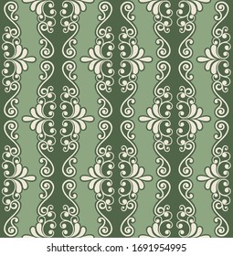 Seamless green background with light pattern in baroque style. Vector retro illustration. Ideal for printing on fabric or paper for wallpapers, textile, wrapping. 