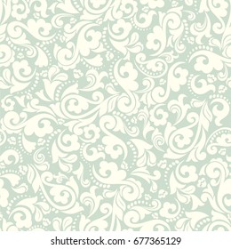 Seamless green background with light pattern in baroque style. Vector retro illustration. Ideal for printing on fabric or paper.