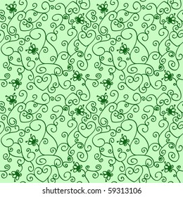 seamless green background made of flowers, hearts and curls