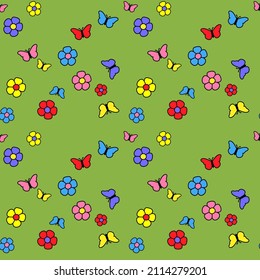 Fondo verde sin igual con flores y mariposas multicolores