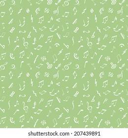 Seamless green background with music notes and signs hand-drawn in sketchy style. 