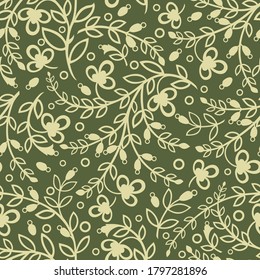 Seamless green background with olive leaves and flowers. Vector retro illustration. Ideal for printing on fabric or paper for wallpapers, textile, wrapping. 