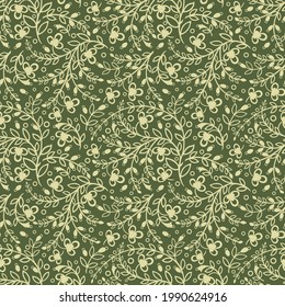 Seamless green background with olive leaves and flowers. Vector retro illustration. Ideal for printing on fabric or paper for wallpapers, textile, wrapping. 