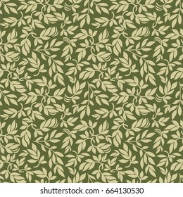Seamless green background with olive leaves, design for packaging in trendy linear style. Ideal for printing on fabric or paper. Vector illustration. 