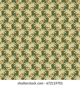Seamless green background with olive leaves, design for packaging in trendy linear style. Ideal for printing on fabric or paper. Vector illustration. 