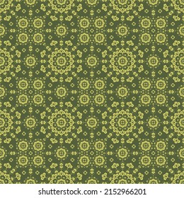 Nahtloser grüner Hintergrund mit Oliven-Mandala-Ornament im östlichen Stil. Ideal zum Bedrucken auf Stoff oder Papier für Textilien, Umhüllung. Vektorgrafik.