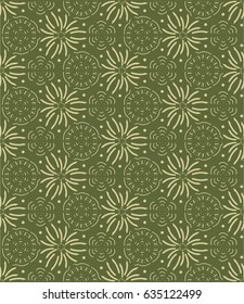 Seamless green background with olive mandala pattern. Vector illustration. Ideal for printing on fabric or paper.